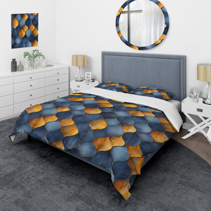 Ensemble de housse de couette moderne Blue Gold Ogee Patten I, Housse de couette simple et deux taies décorative