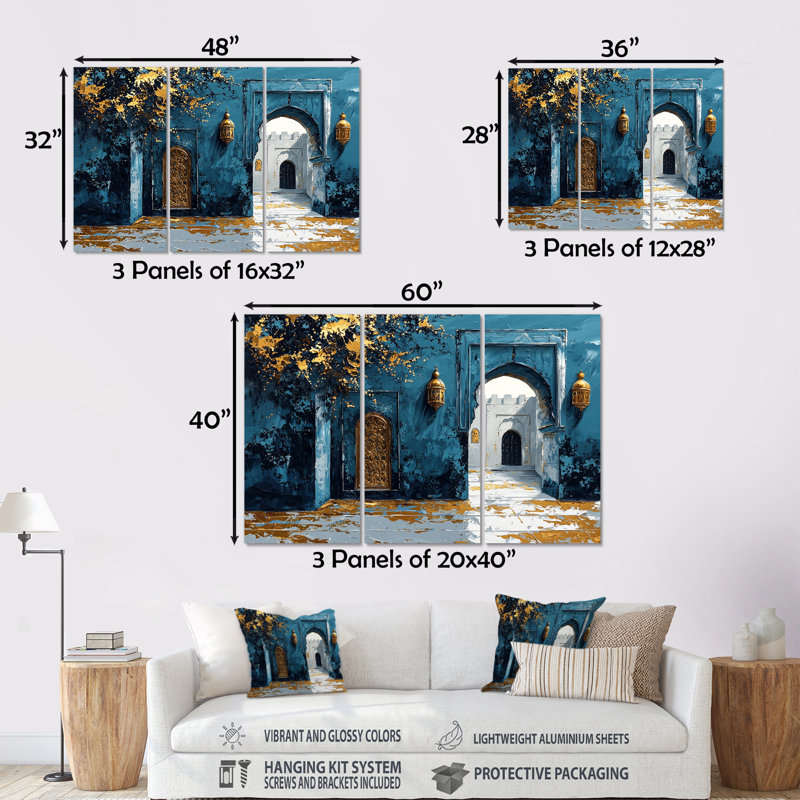 Porte marocaine marocaine bleue et dorée Rabat, ensemble de décoration murale, Métal métal, H 28 po x l 36 po x P 1 po