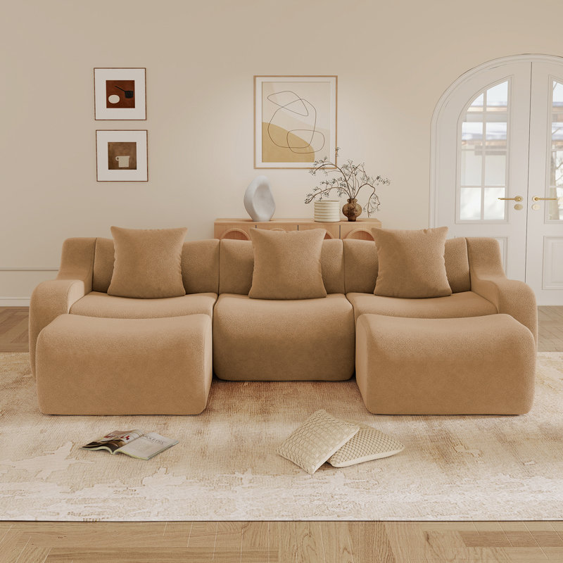 Canapé de 115,3 po en tissu désossé avec 2 repose-pieds mobiles et 3 coussins décoratifs, Chameau