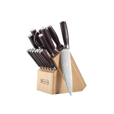  SENKEN 16-Piece Natural Acacia Wood Kitchen Knife Block Set -  Japanese Chef's Knife Set with Laser Damascus Pattern, Includes Steak Knives,  Kitchen Shears, Santoku, Cleaver & More (Blue Resin Handles): Home