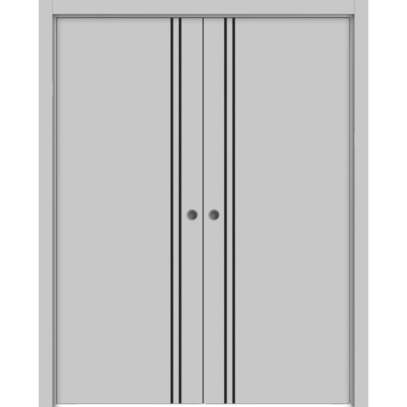 Portes françaises en bois massif massif, 56 po x 96 po, Gris mat
