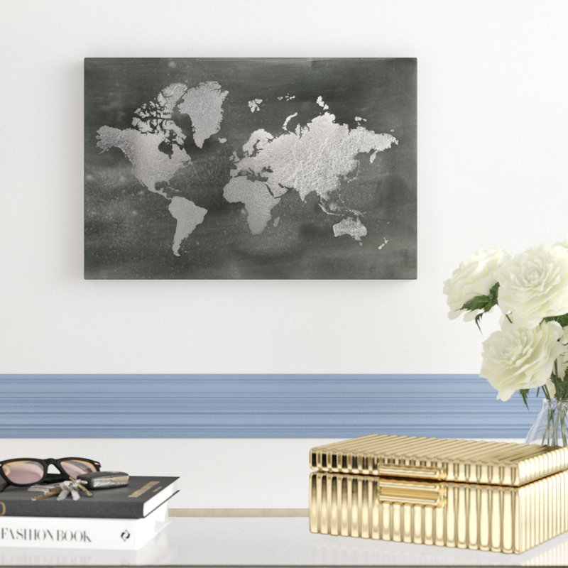 Large Silver World Map On Black Wash by Jennifer Goldberger - Painting, 20cm H x 30cm W, Wrapped Canvas