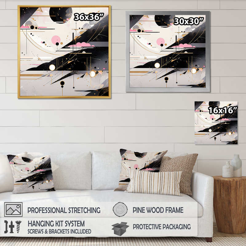«Pink Black», rayures audacieuses sur toile, Cadre flottant doré, H 16 po x l 16 po x P 1 po