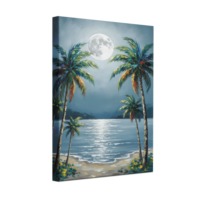 Plantes et fleurs, plage éclairée par la lune avec palmiers et océan, H 30 po x l 20 po