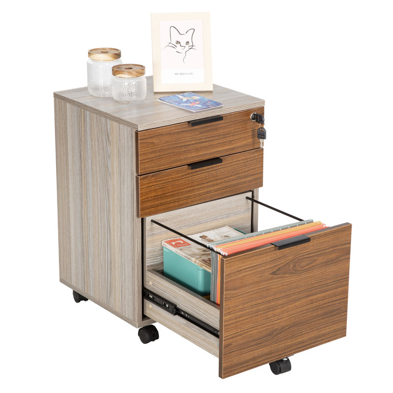 Gosser Home File Cabinet with Wheels - 3-Drawer Mobile Vertical Storage, Brown/Grey