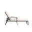 Fauteuil lounge beige en fonte d'aluminium avec assise tressée, réglable et roulettes. Dimensions de l'emballage : 106 cm x 62 cm x 33 cm. Poids : 18,5 kg. Profondeur, largeur et hauteur du siège : voir les détails ci-dessous.