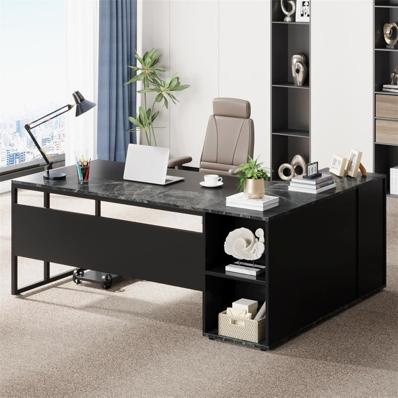 71" L-Shaped Executive Desk With Storage Cabinet & Shelves(Not Including Chair), Gray, Brown/Gray