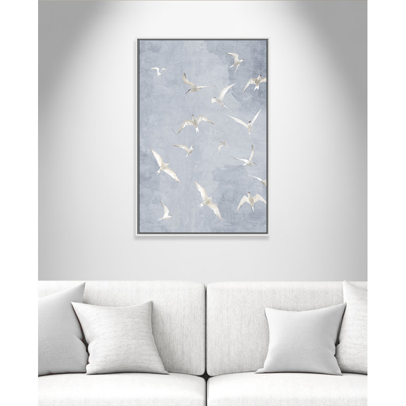 «Flight Flight», impression grise par Kimberly Allen, L 25,5 po x H 37,5 po, Flotteur blanc