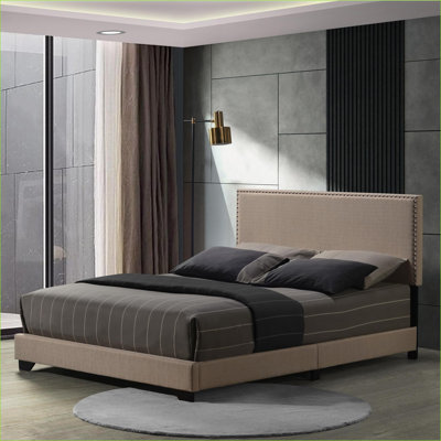 Queen Size Beige Upholstered Panel Bed Wood Frame With Nailhead Trim For Master Bedroom Guest Room
