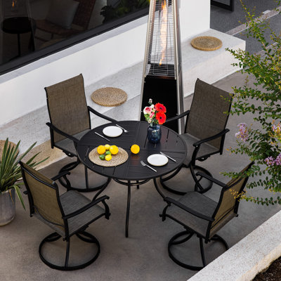 Ensemble de salle à manger 5 pièces pivotant pour l'extérieur, table de salle à manger ronde 41,4 po avec trou pour parasol et 4 chaises pivotantes en textilène