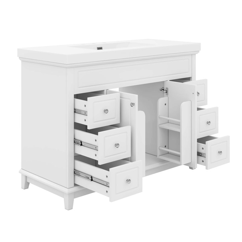 Meuble-lavabo 48 po avec lavabo en résine, 6 tiroirs et portes doubles, tablettes à 2 niveaux