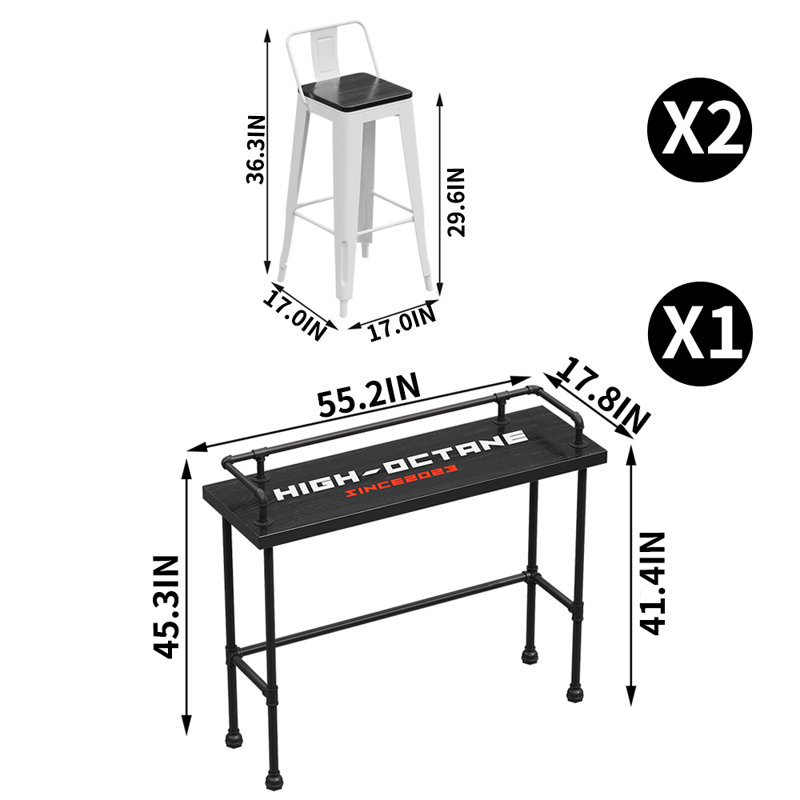 Industrial style high table and chairs set Solid Wood Top Trestle Base Dining Set, 45.3"H x 55.2"L x 17.8"W, 3