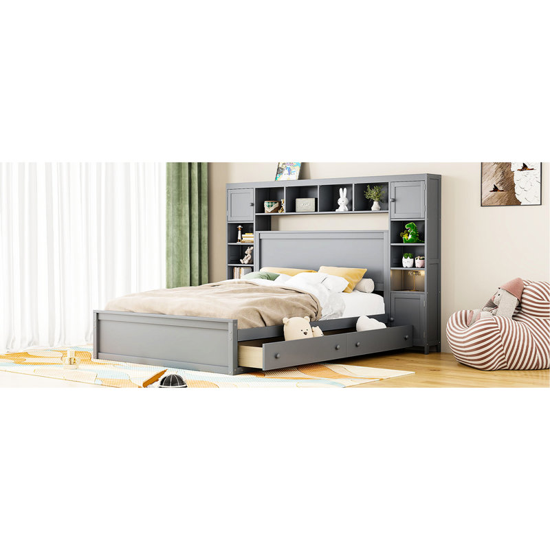 Grand lit confortable avec armoire intégrée, tablettes et prises de courant - Douilles de rangement intégrées grises et impressionnantes