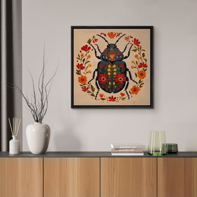 Folk Art Beetle Framed Canvas Wall Art Print - Colorful Insect Illustration with Floral Wreath Accents