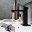 Robinet de salle de bain en cascade noir mat, fixation sur le comptoir, un trou, poignée simple, bonde escamotable, conduites d'alimentation, contrôle, forme géométrique, robinet à soupape à cartouche, cuve avec plaque, poignée,