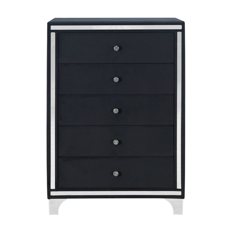 Commode 5 tiroirs en velours Gertz, Noir, noir, noir, noir