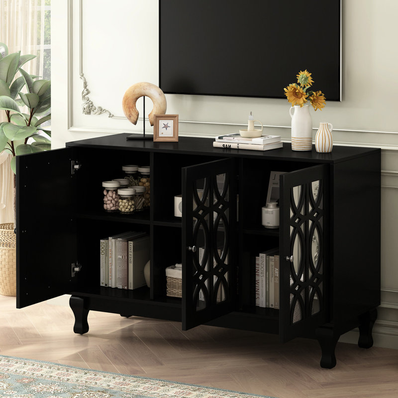 Modern Tv Table For 55-inch Tvs, Mirrored Surface, Solid Wood Legs, 3 Adjustable Shelves, Extra Large Entertainment Area