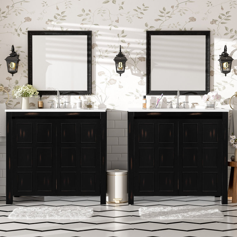 [Ensemble de meuble-lavabo double espresso rétro 72 "] Lavabos séparés | Lavabos doubles en céramique | Tablette ajustable à fermeture en douceur | Rangement élégant pour grande salle de bain