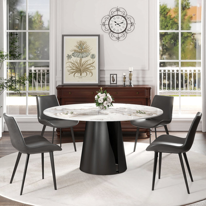 59.05"Modern Artificial Stone Round Black Carbon Steel Base Dining Table-Can Accommodate 6-8 People