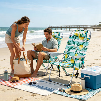 Chaise de plage pliante en aluminium à motif citron avec appui-tête, porte-gobelet et poche de rangement latérale, chaise de camping inclinable portative