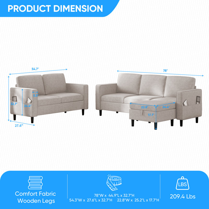 3+2 Linen Sectional Sofa Set with Storage Ottoman & Pockets, Beige
