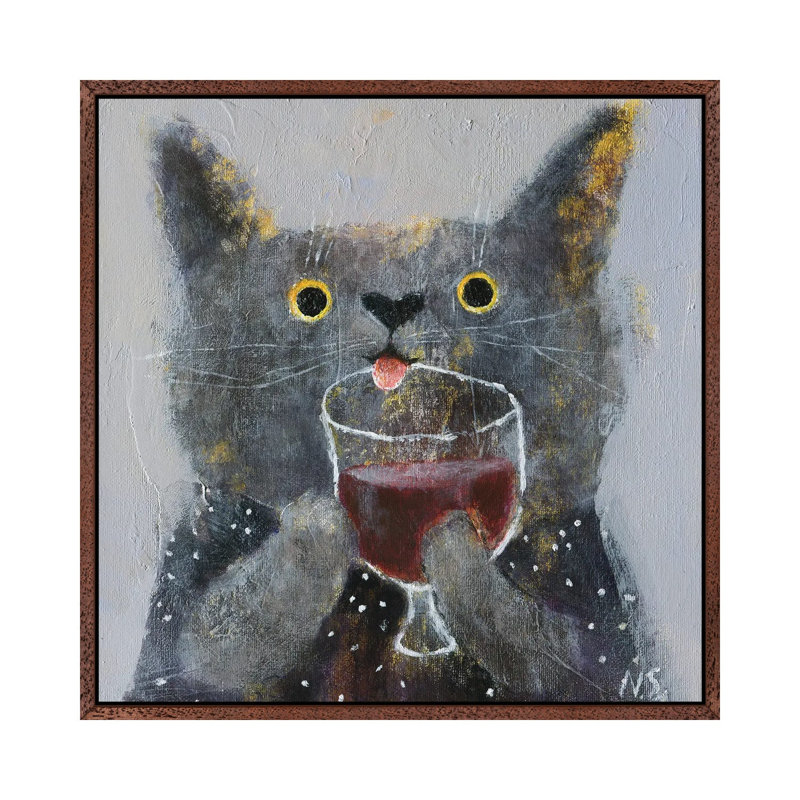 The Cat With Glass Of Wine by Natalia Shaloshvili - Painting on Canvas, 45.72cm H x 45.72cm W x 3.81cm D