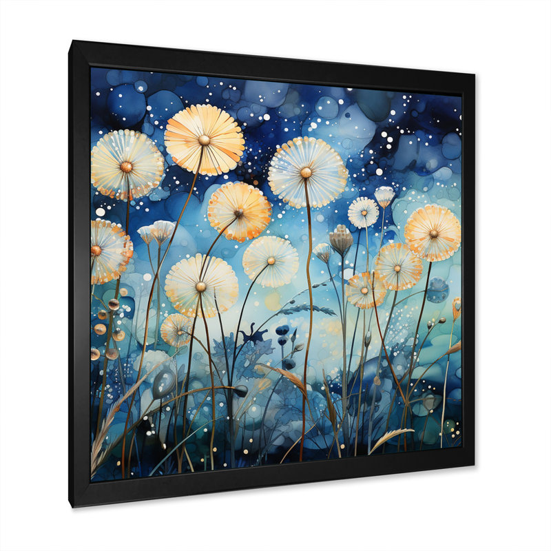 Pissenlit bleu pointillisme II - impression, Cadre simple noir, H 16 po x l 16 po x P 1 po