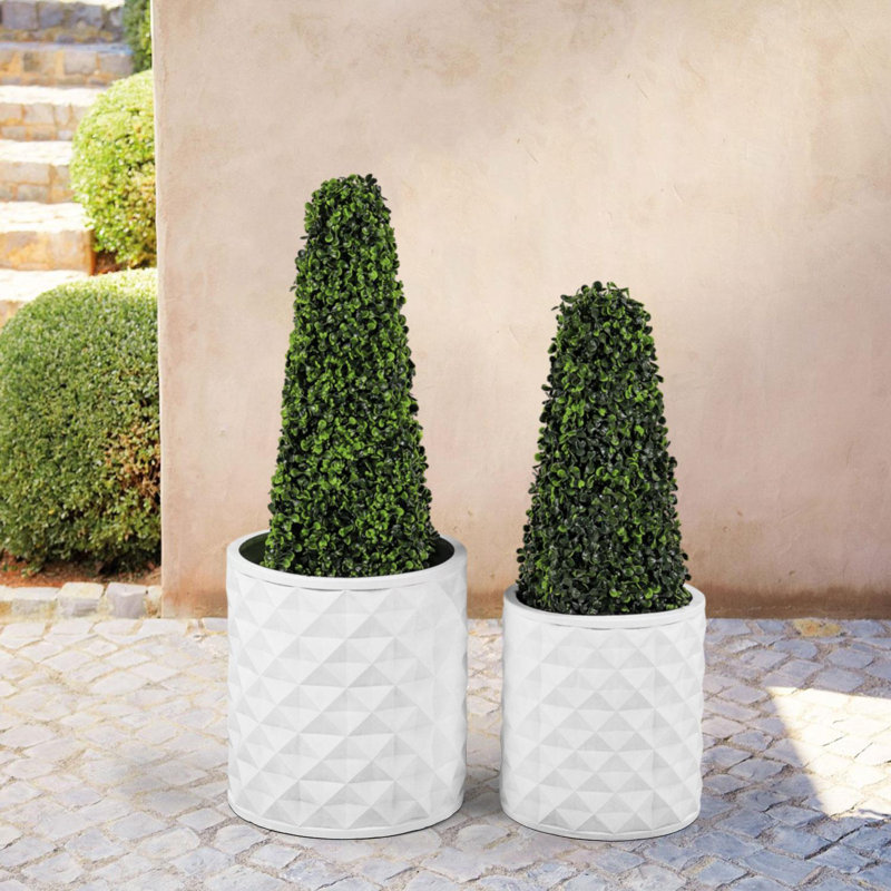 Set Of 2 Large Handmade Round Plant Pots – Modern Mgo Flower Planters With Geometric Texture Design And Drainage Holes For Indoor/Outdoor Use (31/26Cm)
