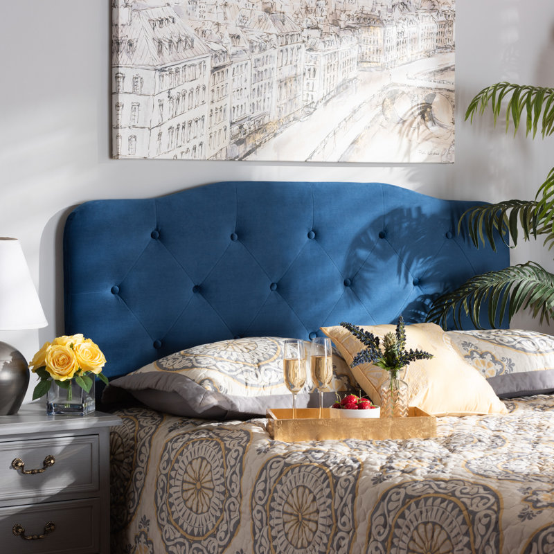 Navy Blue Velvet Tufted King Upholstered Headboard