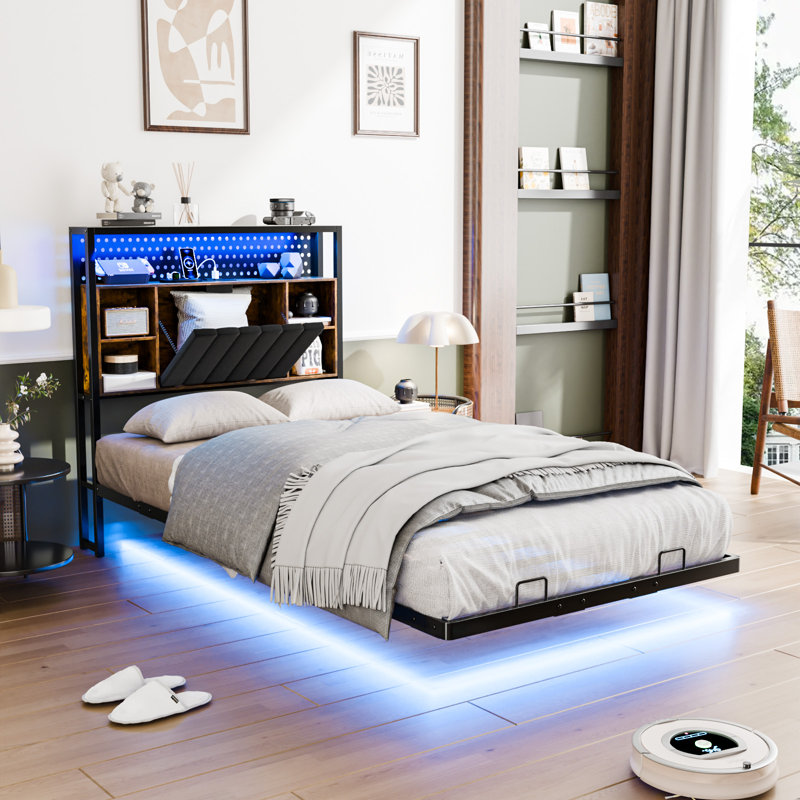 Cadre de lit flottant avec station de charge, cadre de lit à DEL avec tête de lit avec rangement, Lit simple