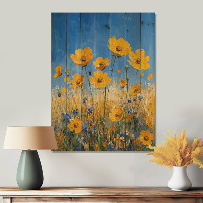 «Yellow Daylight Joy Wildflowers IV» - Impression sur bois de fleurs sauvages - sur bois de pin naturel