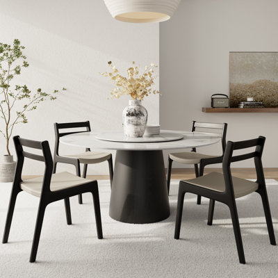 Table de salle à manger ronde avec plateau en pierre brillante et plateau tournant rotatif 360 °