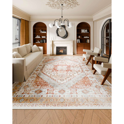 Large Area Rug 9 x 12 ft Anti-Skid Tear-Resistant Floor Mat Vintage Brown Red