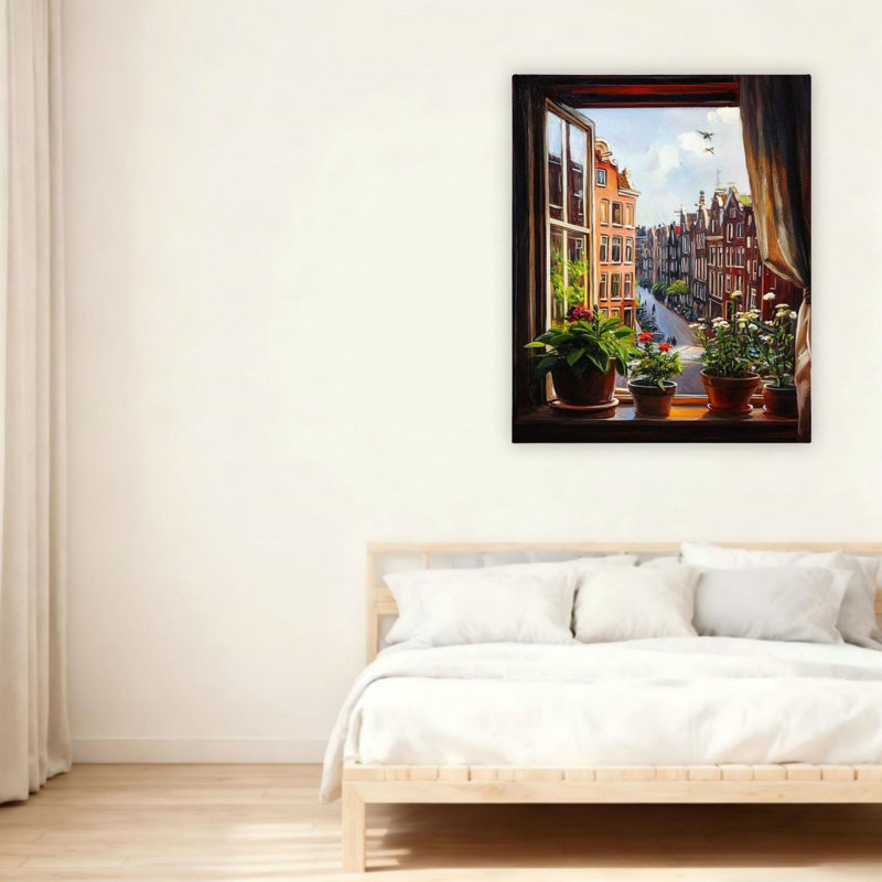Charming Street View Through Window Unframed Canvas Wall Art 24" X 36"