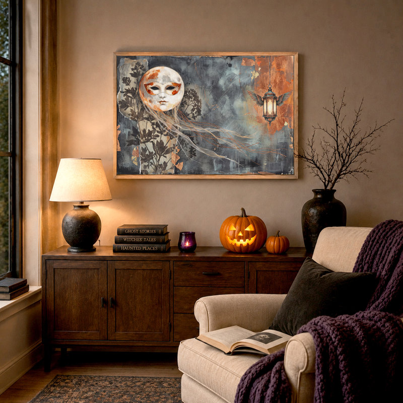 Art mural sur toile, masque blanc et lanterne ailée en texture cuivre, H 18 po x l 24 po