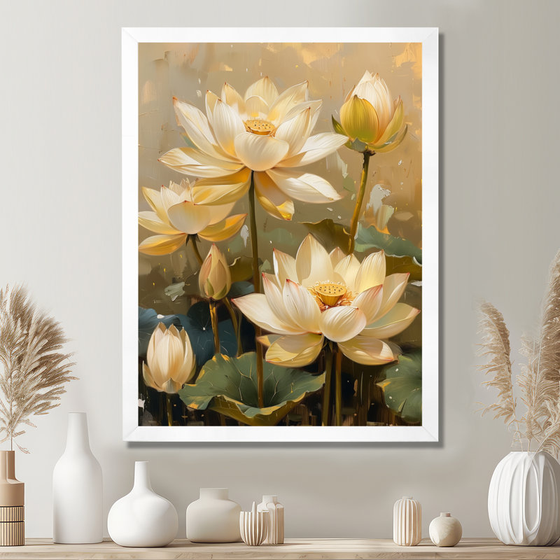 «White Green Blooming Lotus Gardens I», impression d'art mural Lotus, H 12 po x l 20 po, Cadre simple blanc