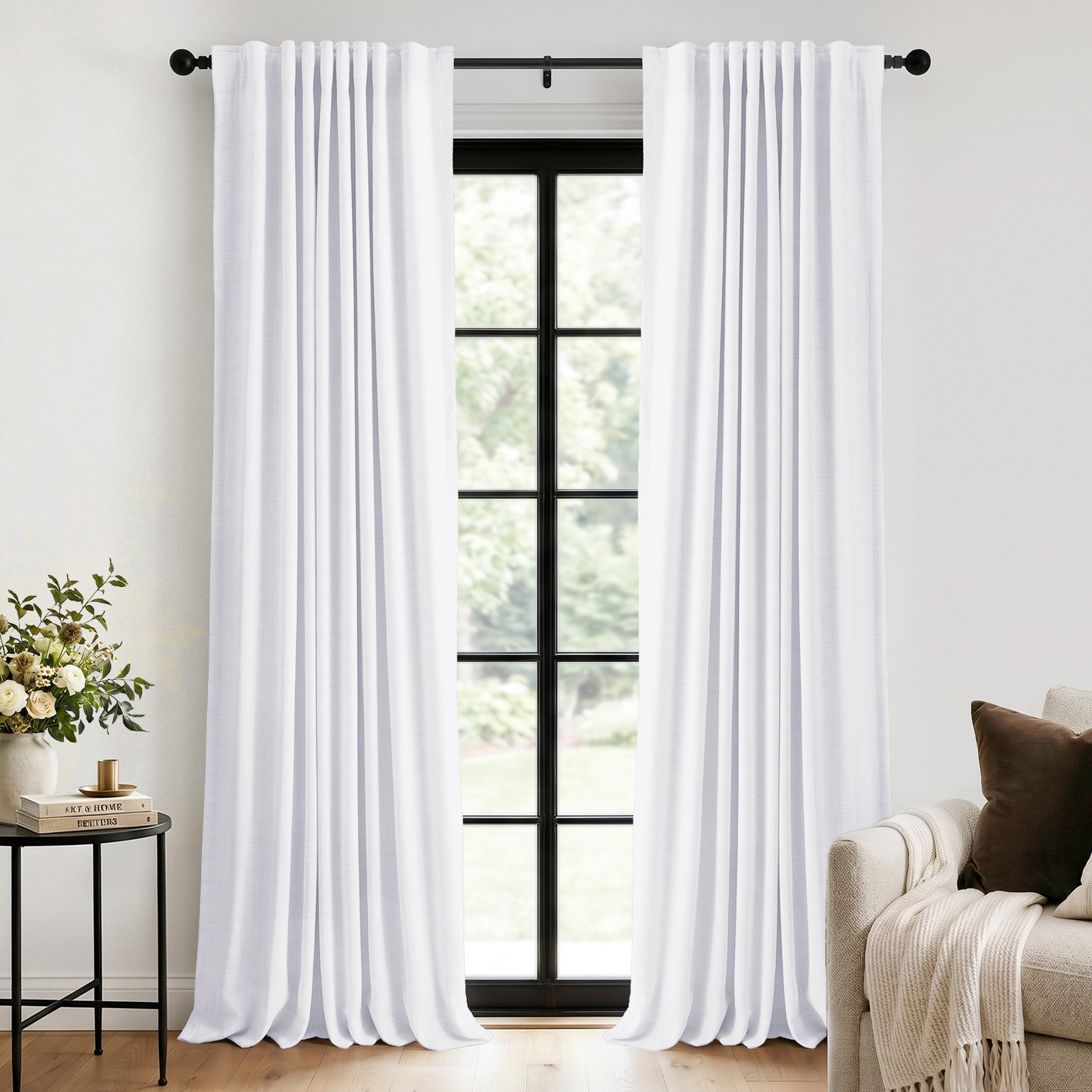 Graciella Faux Linen Blackout Curtain Set, Bright White, 50" W x 120" L