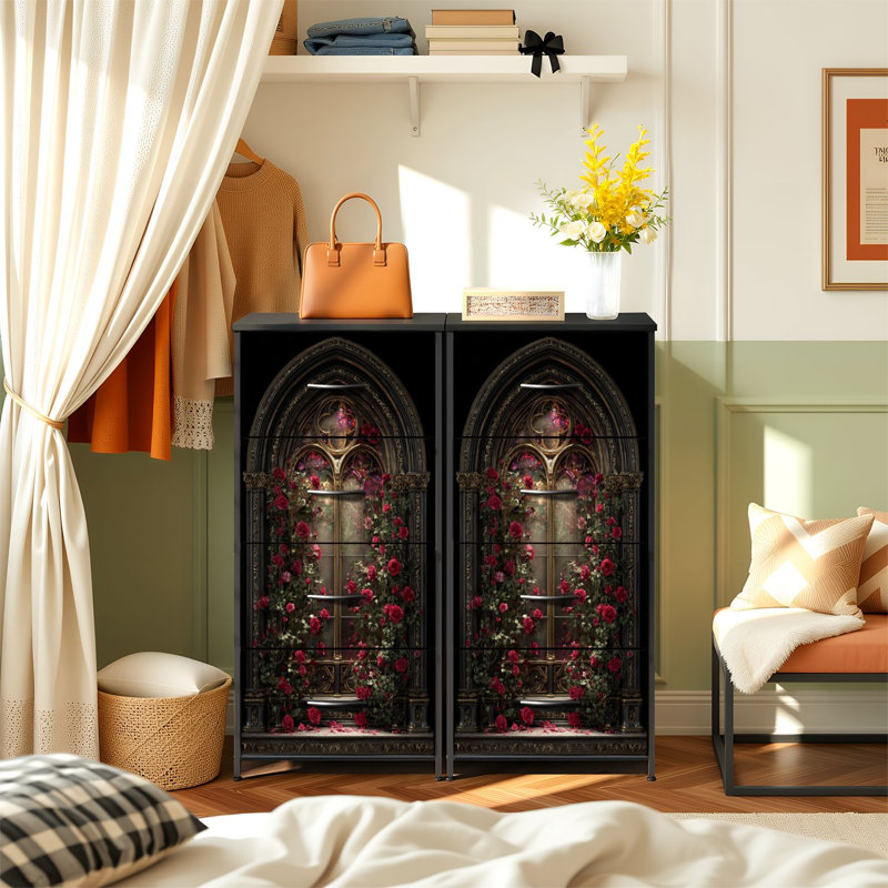 Commode 4 tiroirs avec rangement vertical en verre teinté cathédrale baroque gothique cramoisi avec plateau en bois