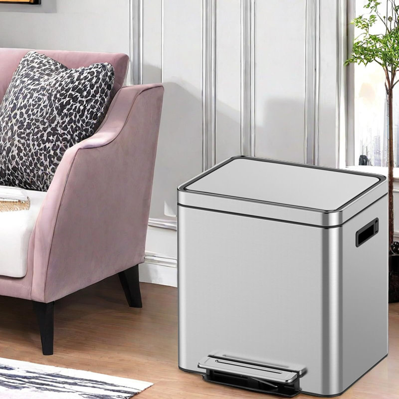 Poubelle double 30L / 8 gallons, poubelle rectangulaire avec couvercle en métal et pédale de marche, poubelle classifiée à double compartiment, poubelle en acier inoxydable avec seau intérieur amovible
