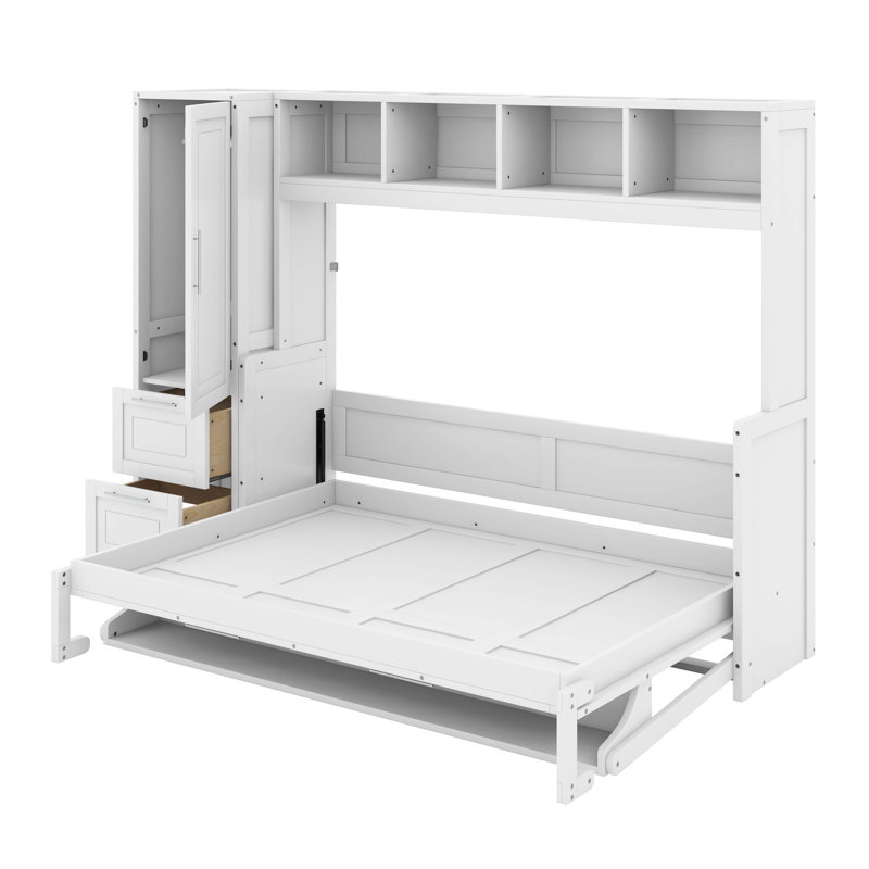 Lit escamotable double avec placard et tiroirs, Blanc