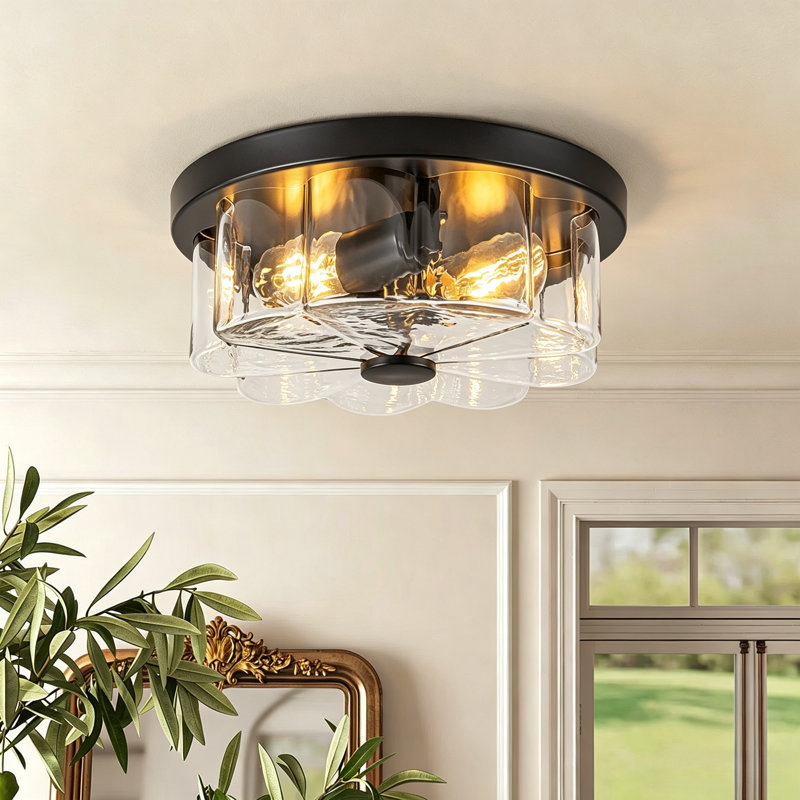 2-Light Modern & Vintage Glass & Metal Flush Mount Ceiling Light 