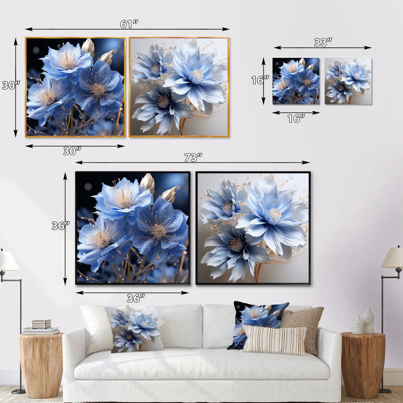 Dreamy Blue Cornflowers Emotion - ensemble de 2 carrés de fleurs, H 16 po x l 33 po, Cadre flottant blanc