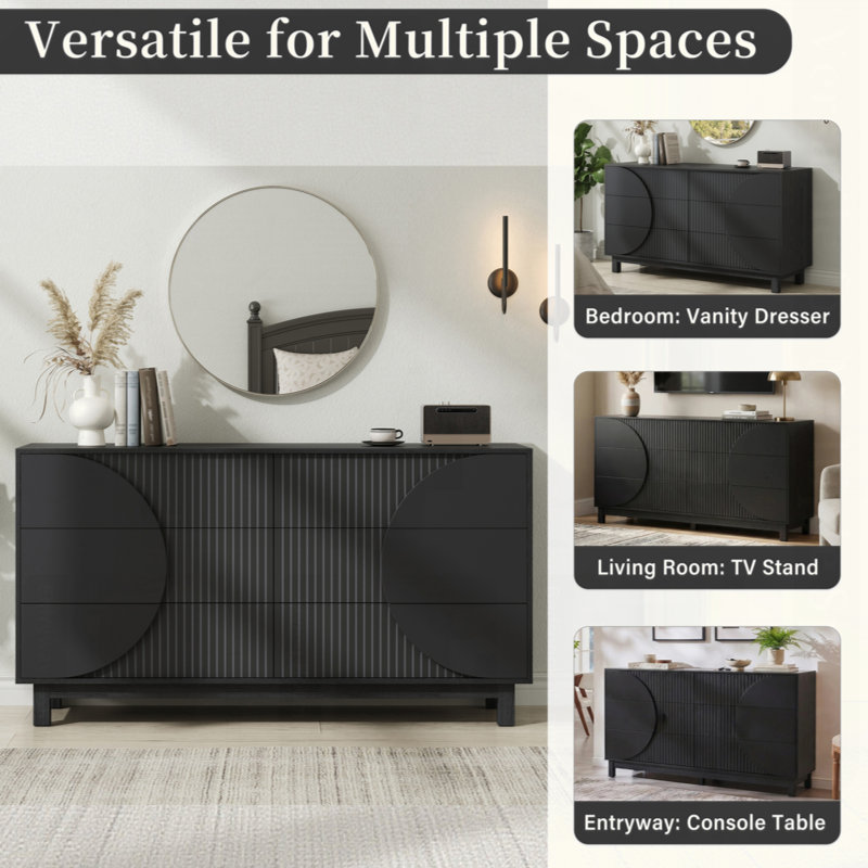 6 Drawer Fluted Dresser 60" Wide - Solid Wood Leg TV Stand, 6 Deep Drawer Storage Cabinet for Bedroom, Living Room & Entryway
