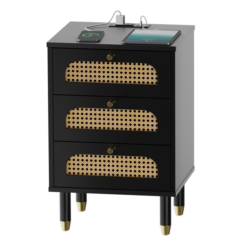 15.75 Inch 3-Drawer Rattan Vredenburgh With US Standard Power Outlet, Black
