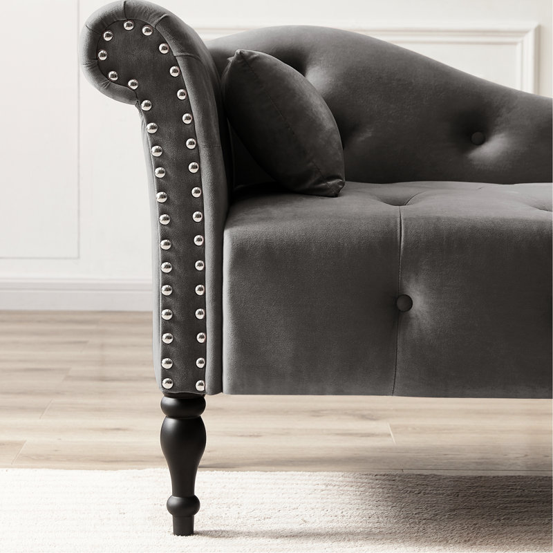 Méridienne en velours gris avec boutons et cadre en bois avec garniture cloutée élégante, pieds solides et coussin confortable - Rehaussez le décor de votre bureau personnel