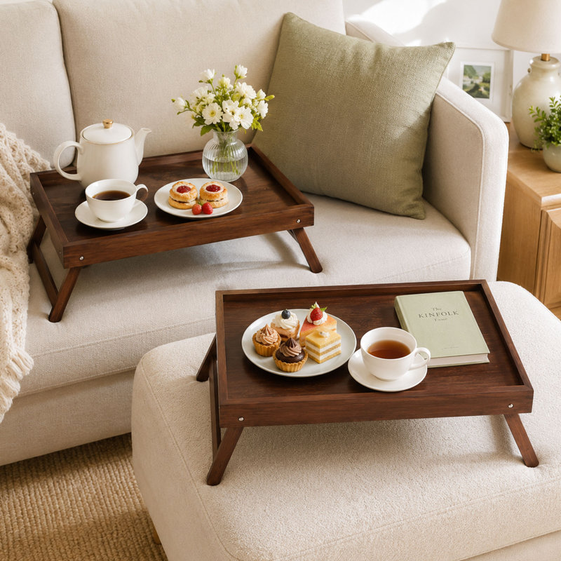Ensemble de 2 tables-plateaux en bambou, pieds pliants, brun, Brown