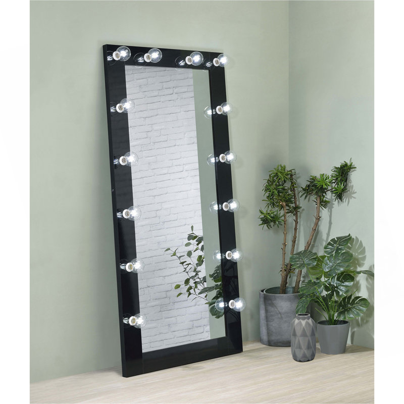 Miroir de sol 32 po x 71 po avec éclairage DEL noir brillant, Noir, noir, noir, noir