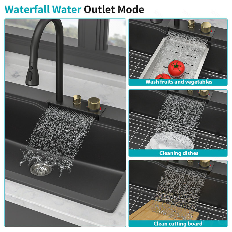 Évier de cuisine à fixation en cascade avec lavabo encastré 33 po x 22 po x 10 po en granite composite noir