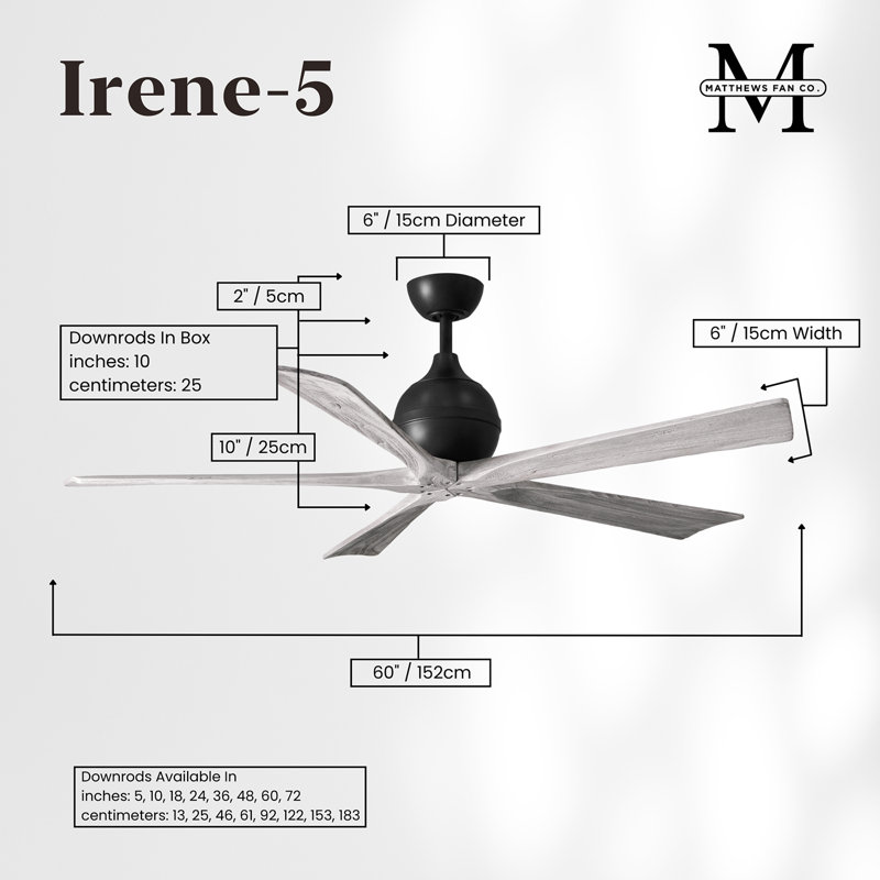 Ventilateur de plafond standard à 5 pales avec télécommande, Noir mat, Bois de grange, 60"