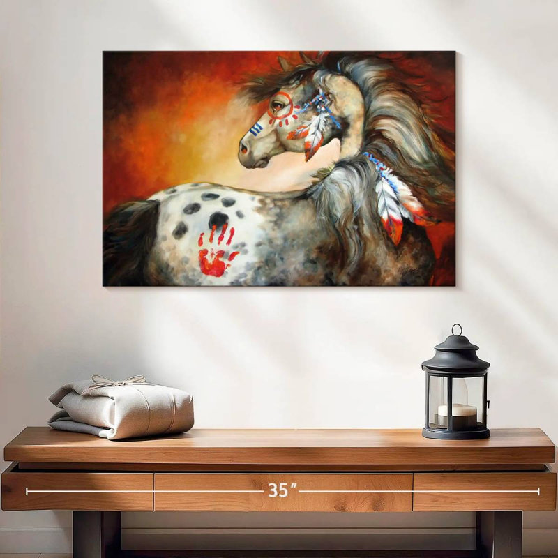 Poney de guerre indien 4 plumes, H 16 po x l 24 po